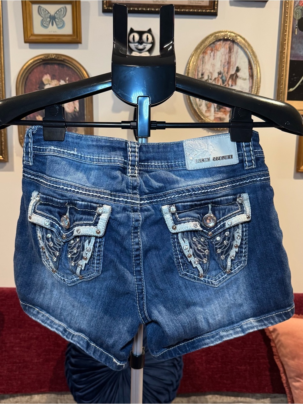 Y2K Denim Couture Angel Wing Embellished Blue Denim Jean Shorts